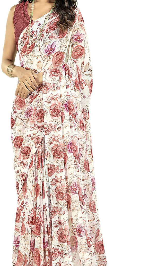 Floral Print Daily Wear Chiffon Saree (Vintage Red)