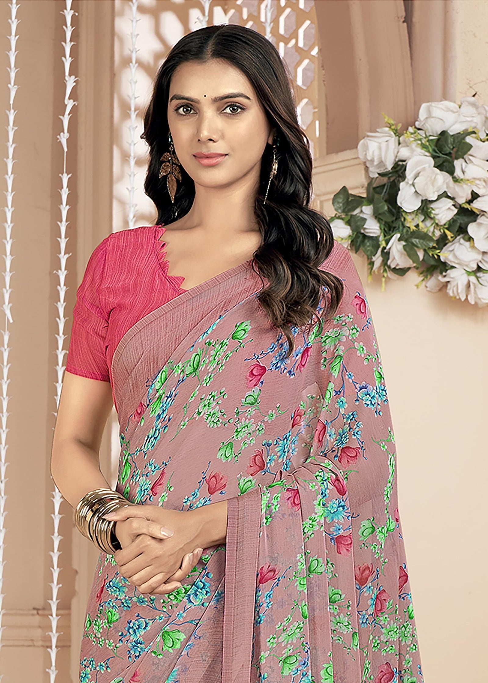 Floral Printed Chiffon Georgette Saree (Coral Pink)