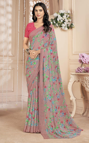 Floral Print, Graphic Print Kalamkari Chiffon, Georgette Saree (Deep Plum)