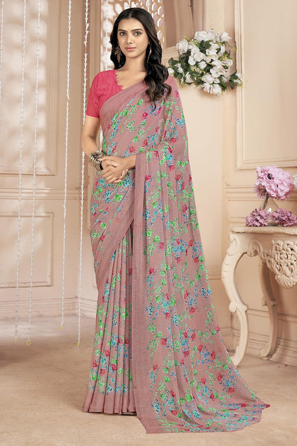 Floral Print, Graphic Print Kalamkari Chiffon, Georgette Saree (Deep Plum)