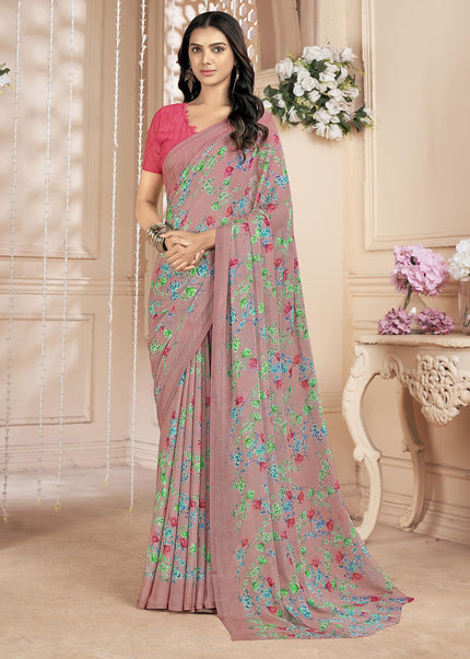 Floral Printed Chiffon Georgette Saree (Coral Pink)
