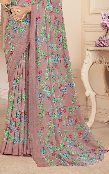 Floral Print, Graphic Print Kalamkari Chiffon, Georgette Saree (Deep Plum)