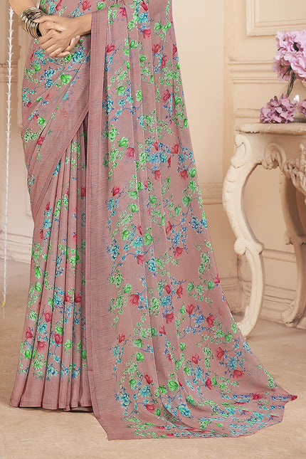 Floral Print, Graphic Print Kalamkari Chiffon, Georgette Saree (Deep Plum)