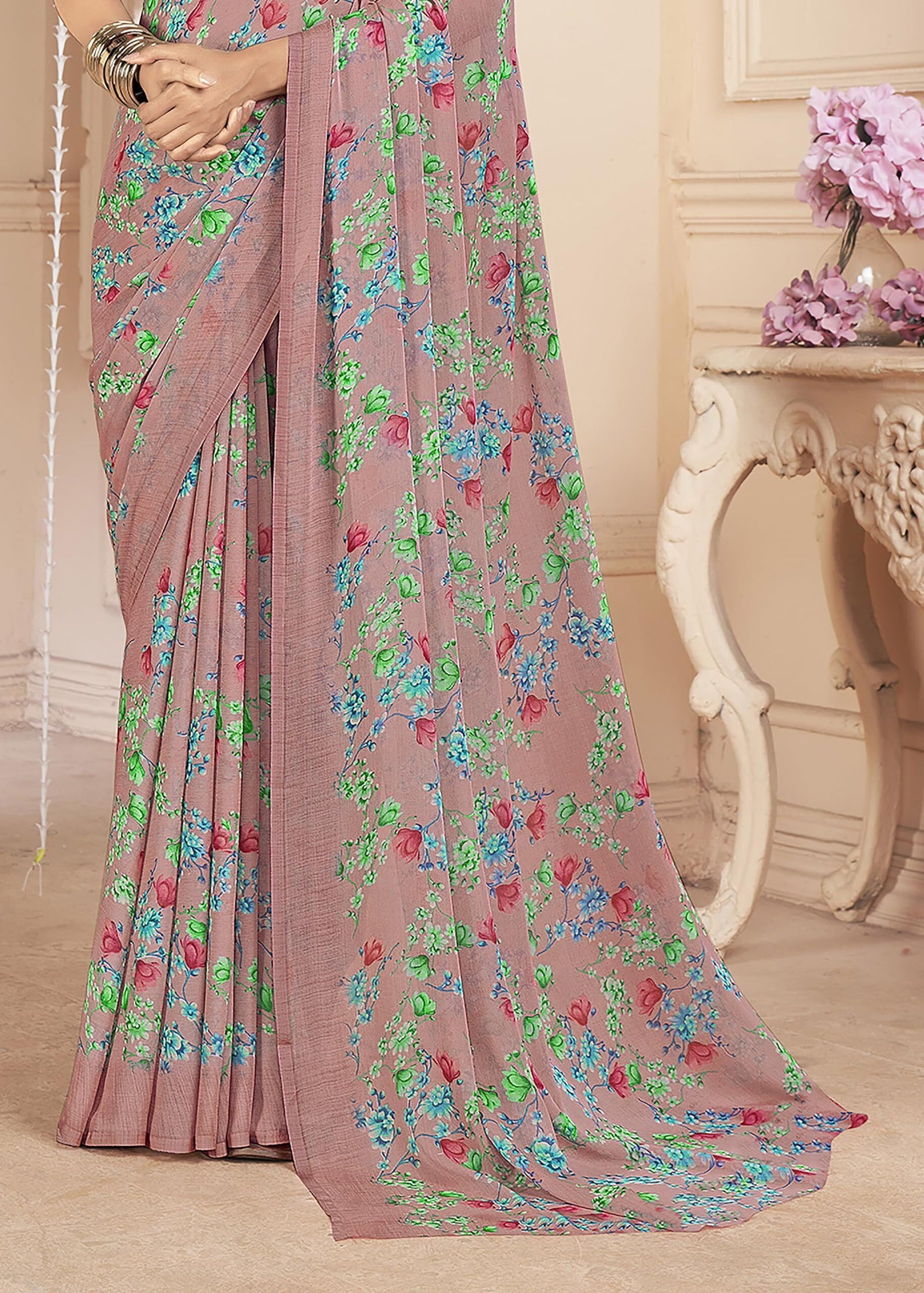Floral Printed Chiffon Georgette Saree (Coral Pink)