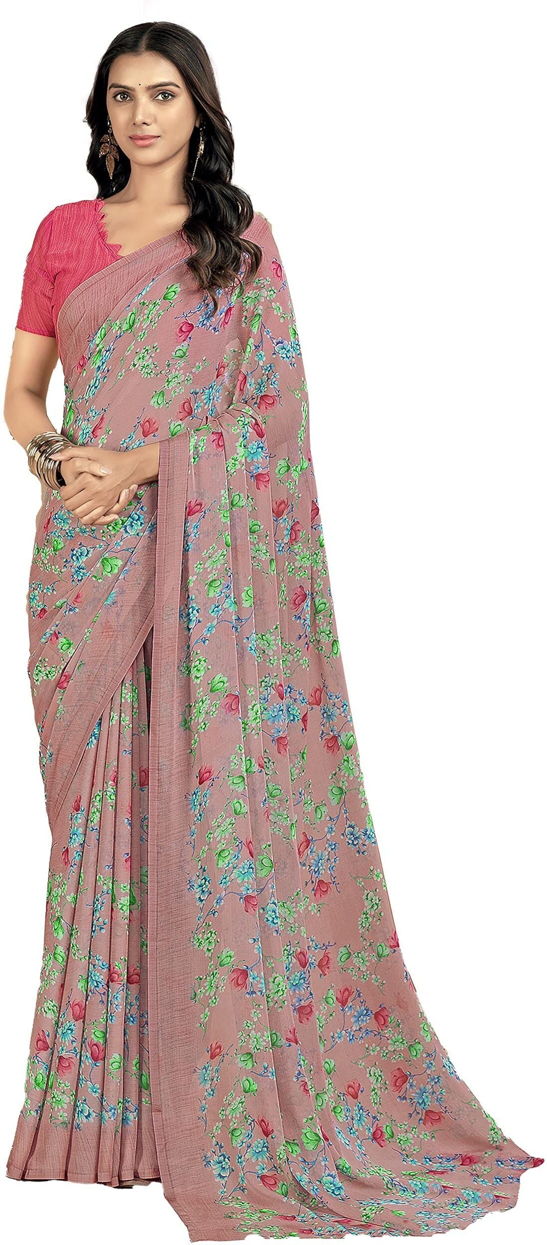 Floral Printed Chiffon Georgette Saree (Coral Pink)
