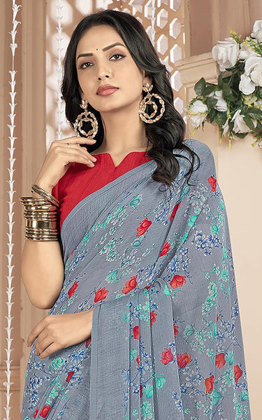 Floral Print, Graphic Print Kalamkari Chiffon, Georgette Saree (Dusky Coral)