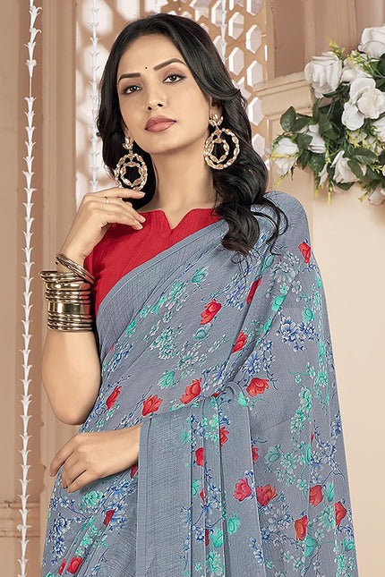 Floral Print, Graphic Print Kalamkari Chiffon, Georgette Saree (Dusky Coral)