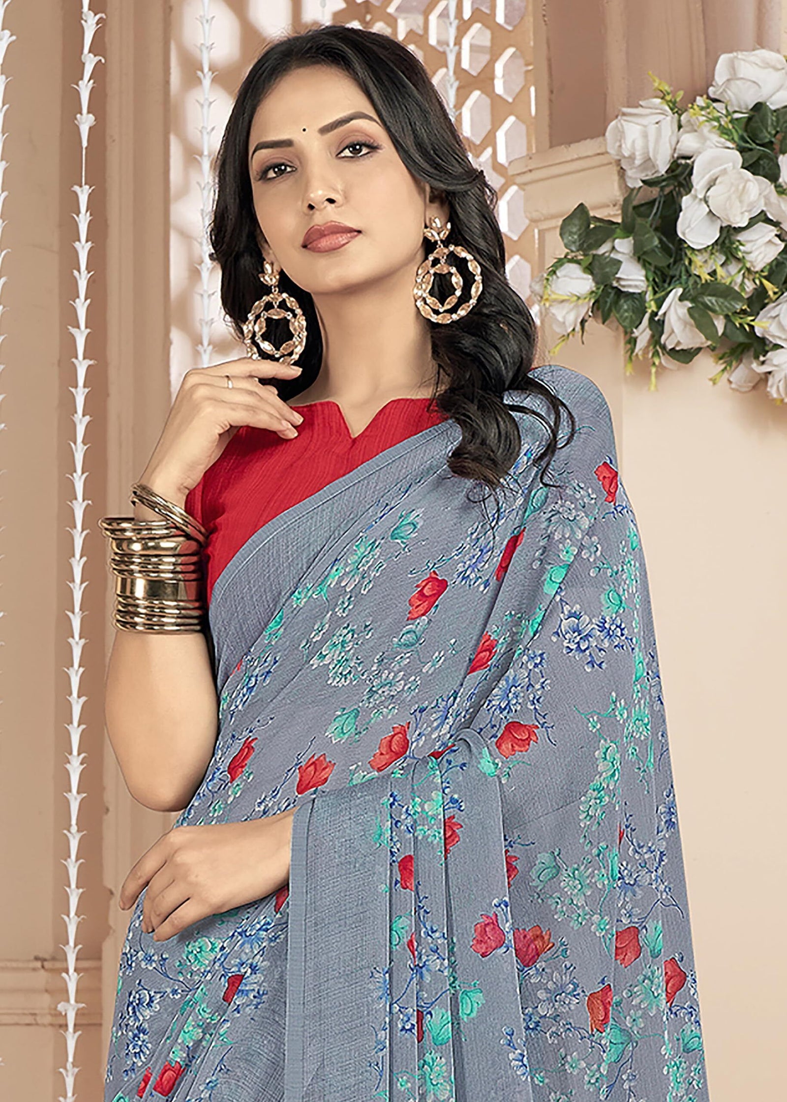 Floral Printed Chiffon Georgette Saree (Dusty Grey)