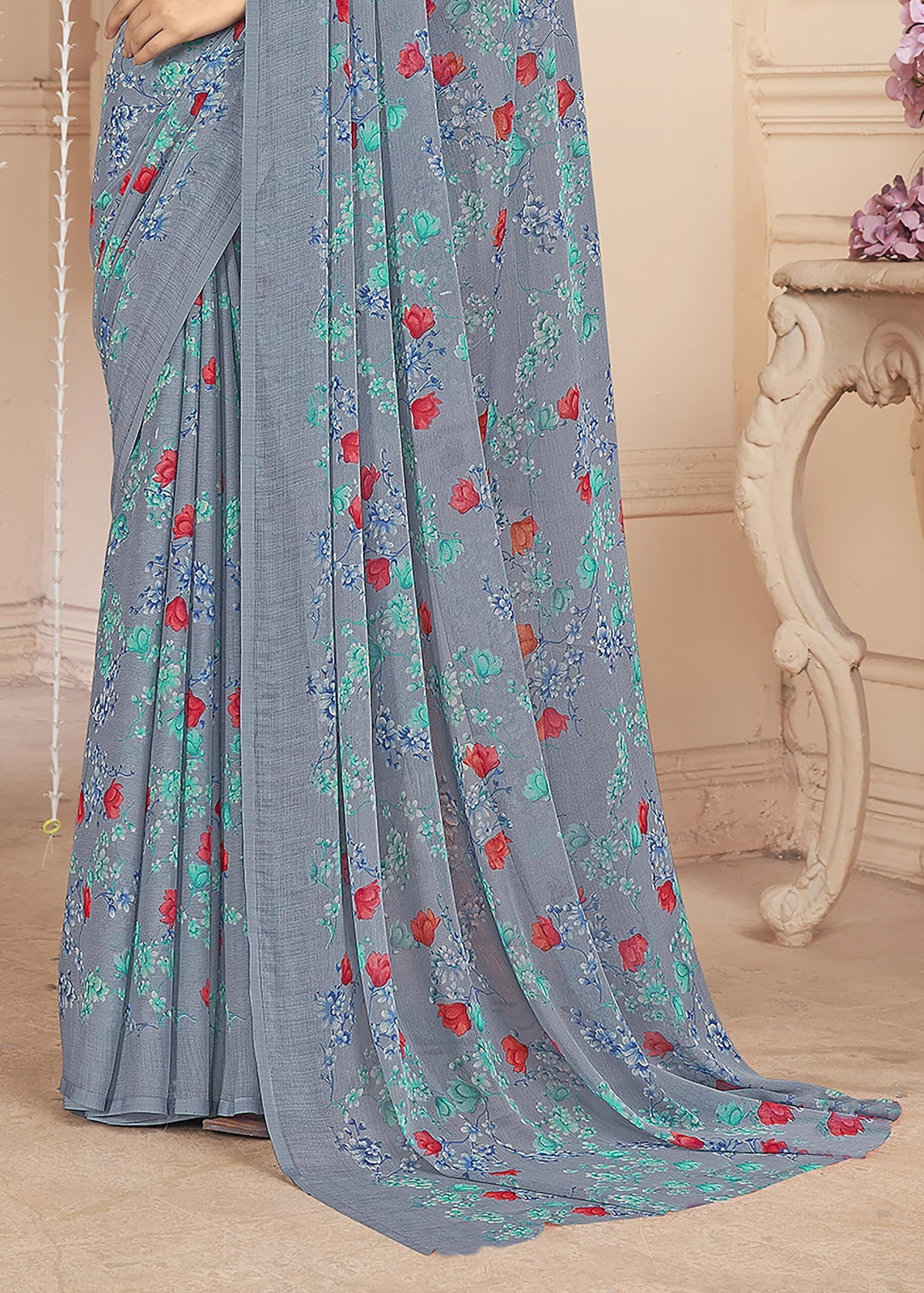 Floral Printed Chiffon Georgette Saree (Dusty Grey)