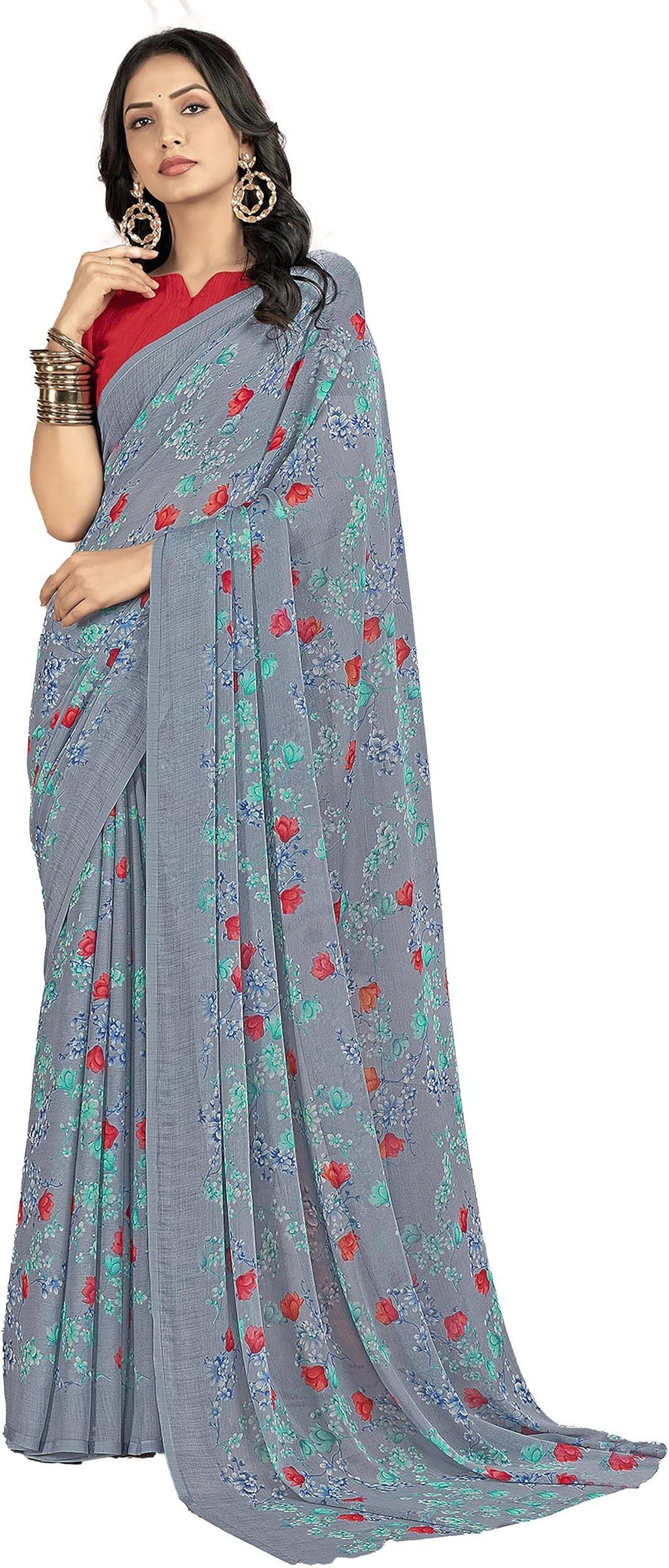 Floral Printed Chiffon Georgette Saree (Dusty Grey)