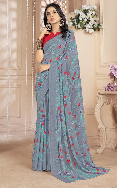 Floral Print, Graphic Print Kalamkari Chiffon, Georgette Saree (Dusky Coral)