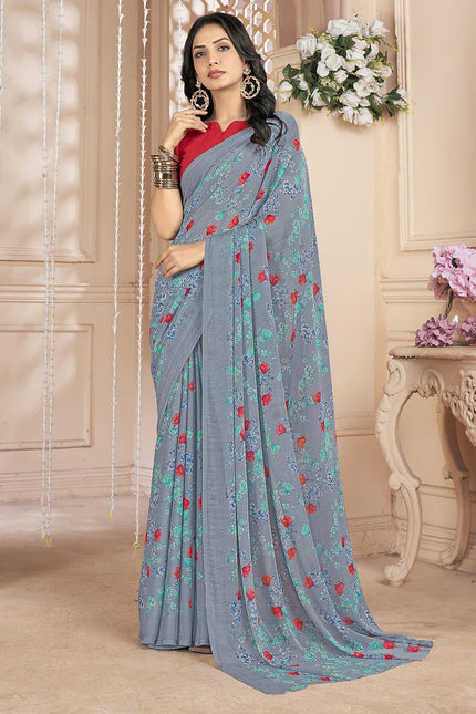 Floral Print, Graphic Print Kalamkari Chiffon, Georgette Saree (Dusky Coral)