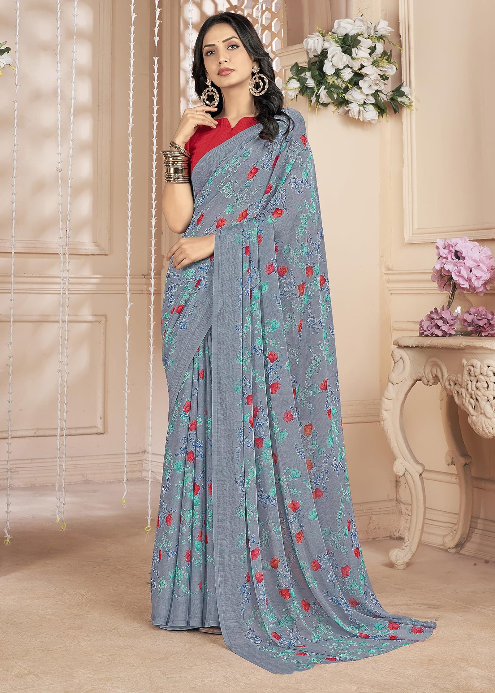 Floral Printed Chiffon Georgette Saree (Dusty Grey)