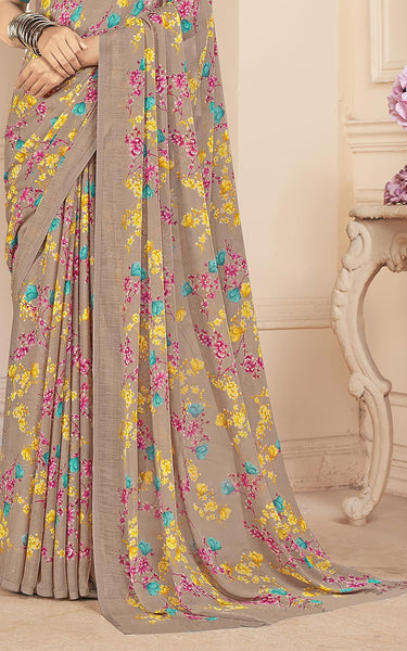 Floral Print, Graphic Print Kalamkari Chiffon, Georgette Saree (Coral Blush)