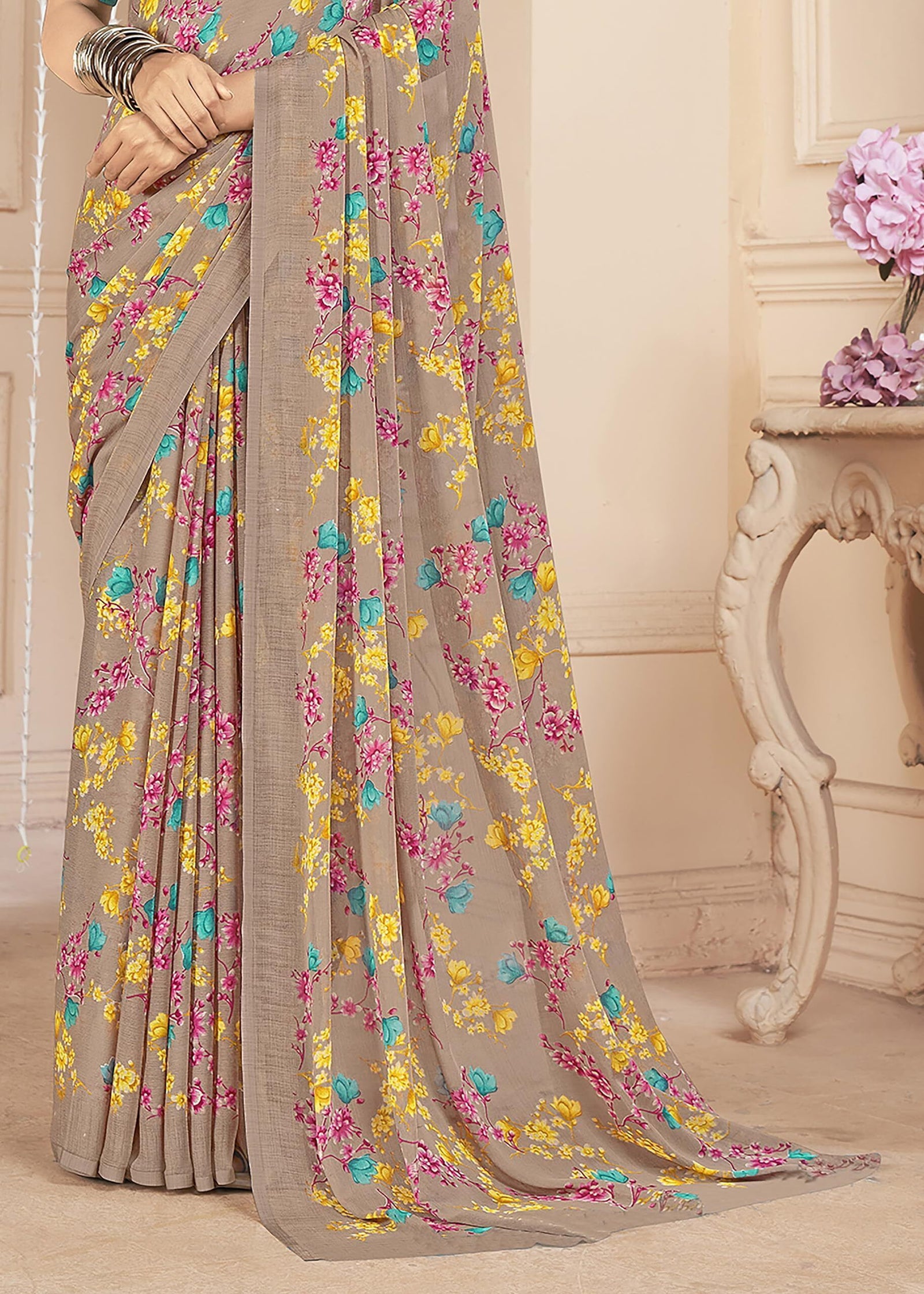 Floral Printed Chiffon Georgette Saree (Coral Blush)