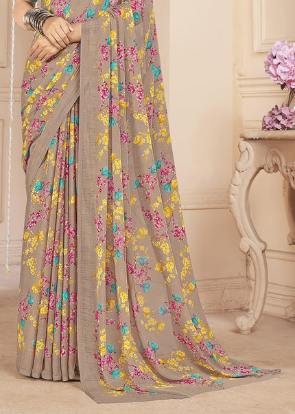 Floral Print, Graphic Print Kalamkari Chiffon, Georgette Saree (Coral Blush)