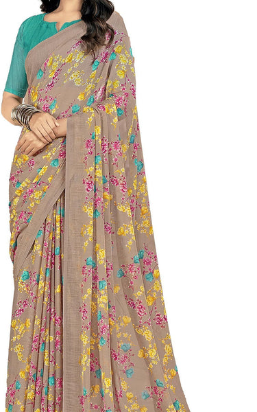 Floral Print, Graphic Print Kalamkari Chiffon, Georgette Saree (Coral Blush)