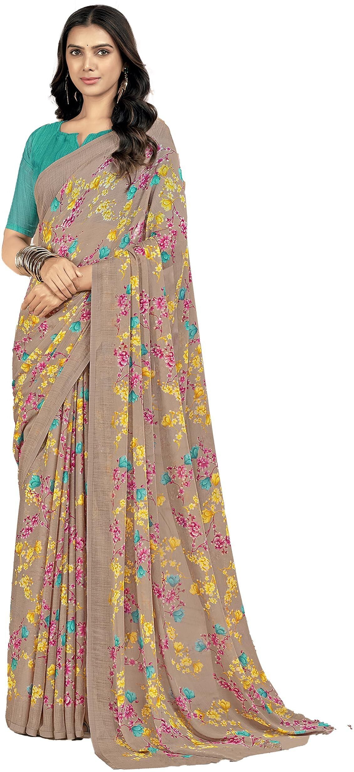 Floral Printed Chiffon Georgette Saree (Coral Blush)