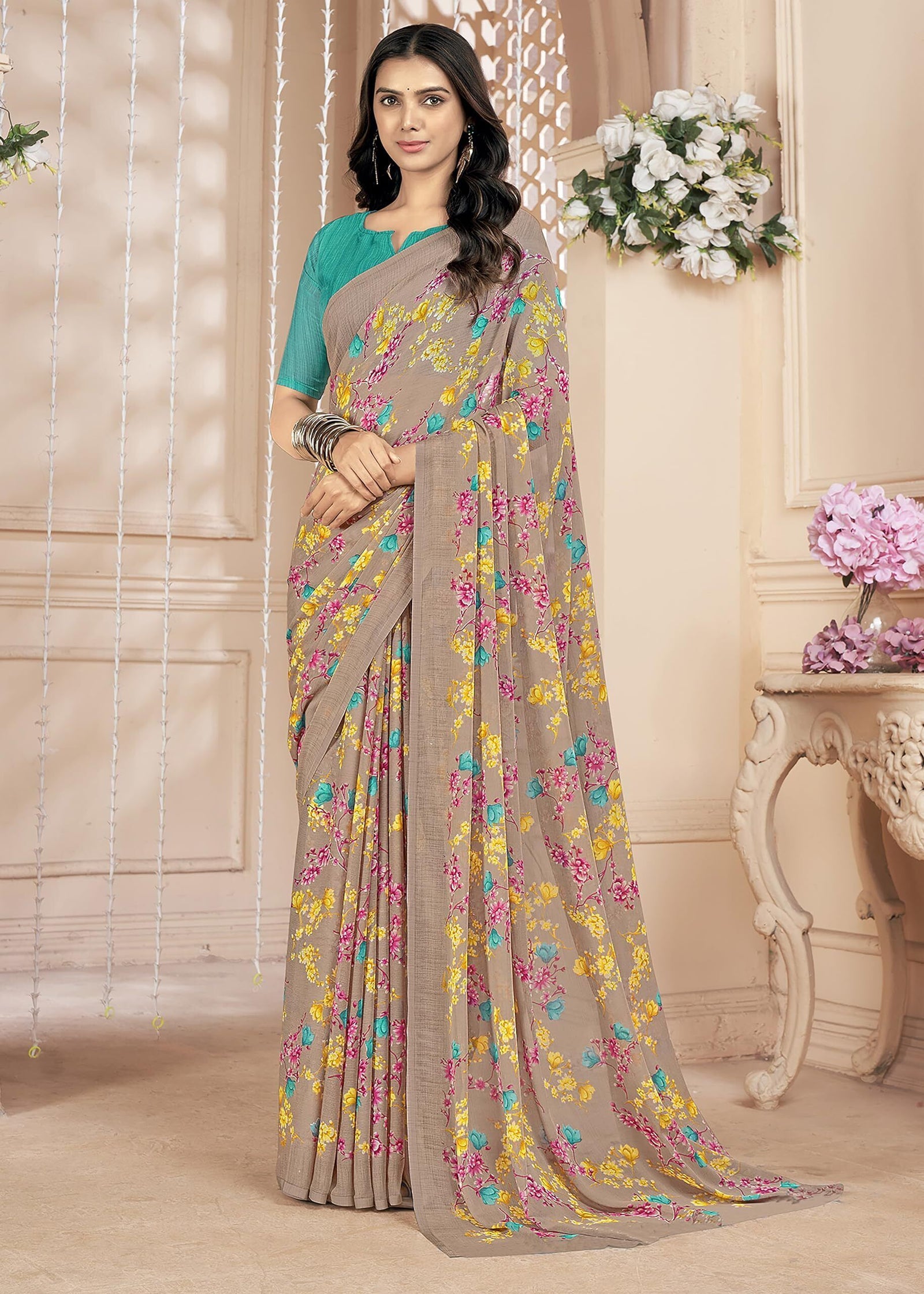Floral Printed Chiffon Georgette Saree (Coral Blush)