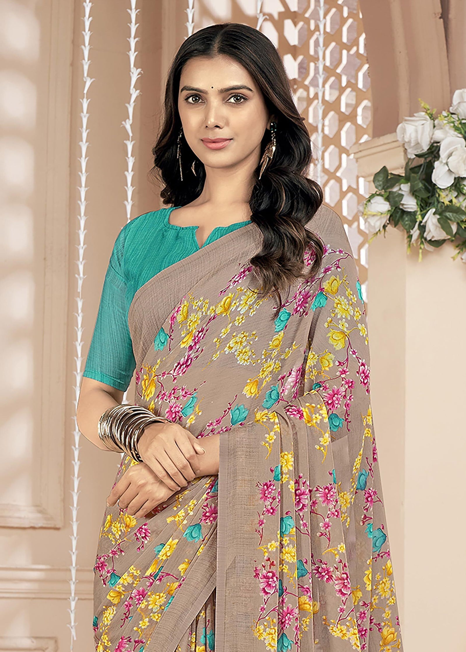 Floral Printed Chiffon Georgette Saree (Coral Blush)