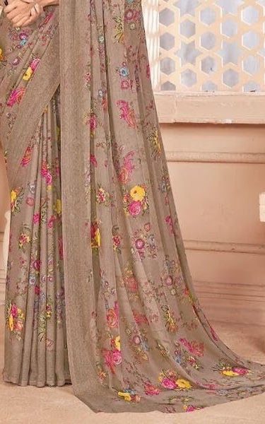 Floral Print Daily Wear Chiffon Saree (Yellow & Green)