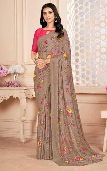 Floral Print Daily Wear Chiffon Saree (Yellow & Green)