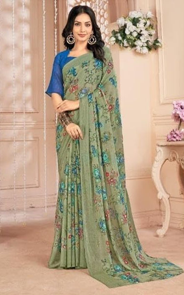 Floral Print, Graphic Print Kalamkari Chiffon, Georgette Saree (Roase Taupe)