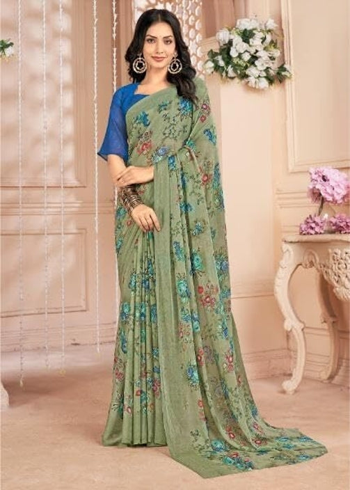 Floral Print, Graphic Print Kalamkari Chiffon, Georgette Saree (Sage Green)