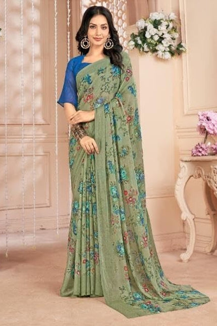 Floral Print, Graphic Print Kalamkari Chiffon, Georgette Saree (Sage Green)