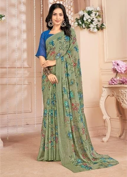 Floral Print, Graphic Print Kalamkari Chiffon, Georgette Saree (Sage Green)