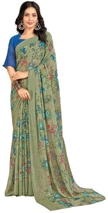 Floral Print, Graphic Print Kalamkari Chiffon, Georgette Saree (Sage Green)
