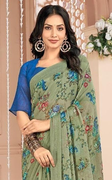 Floral Print, Graphic Print Kalamkari Chiffon, Georgette Saree (Roase Taupe)