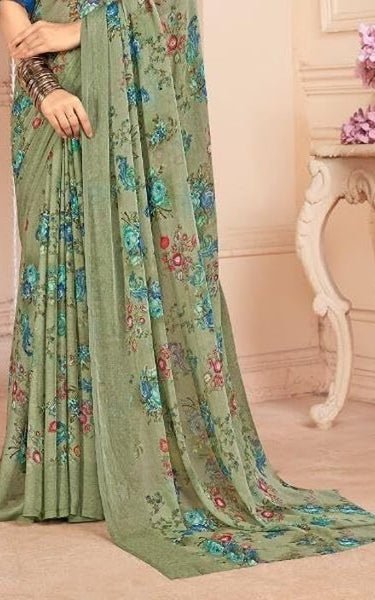 Floral Print, Graphic Print Kalamkari Chiffon, Georgette Saree (Roase Taupe)