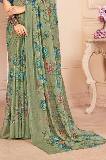 Floral Print, Graphic Print Kalamkari Chiffon, Georgette Saree (Sage Green)
