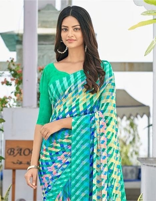 Geometric Print, Graphic Print Bollywood Chiffon, Georgette Saree (Teal Green)