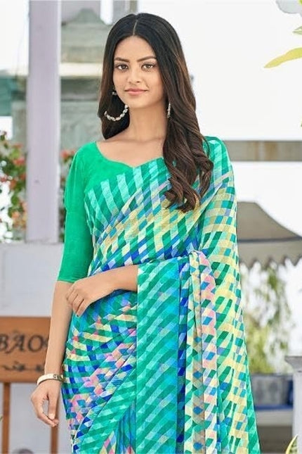 Geometric Print, Graphic Print Bollywood Chiffon, Georgette Saree (Teal Green)