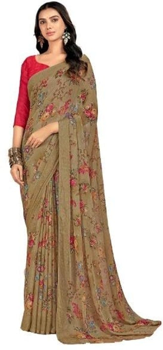 Floral Print, Graphic Print Kalamkari Chiffon, Georgette Saree (Brown Camel)