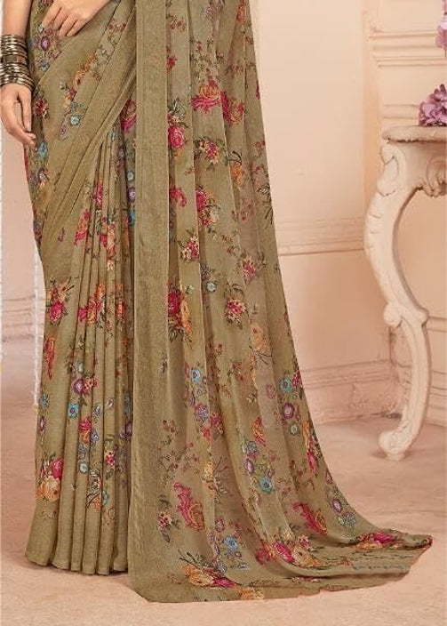 Floral Print, Graphic Print Kalamkari Chiffon, Georgette Saree (Brown Camel)