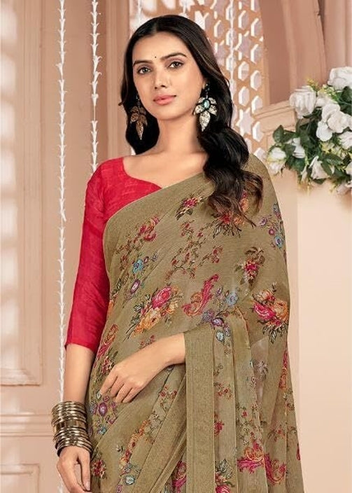 Floral Print, Graphic Print Kalamkari Chiffon, Georgette Saree (Brown Camel)