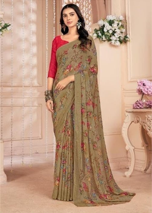 Floral Print, Graphic Print Kalamkari Chiffon, Georgette Saree (Brown Camel)