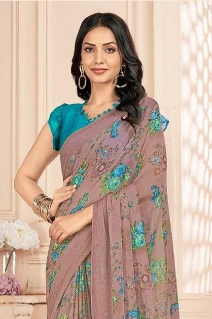 Floral Print, Graphic Print Kalamkari Chiffon, Georgette Saree (Dusky Grey)