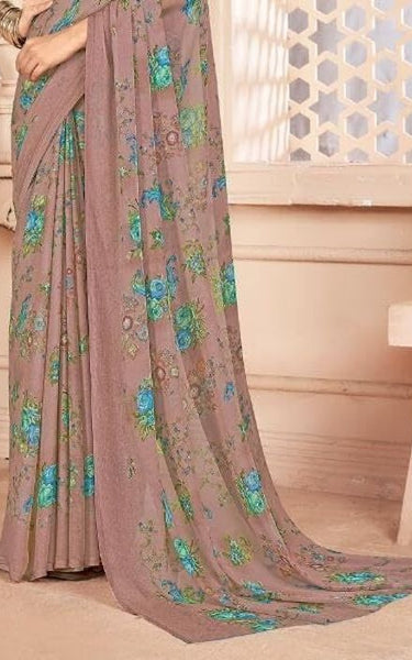 Floral Print, Graphic Print Kalamkari Chiffon, Georgette Saree (Dusky Grey)
