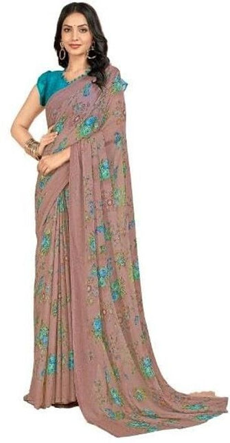 Floral Print, Graphic Print Kalamkari Chiffon, Georgette Saree (Dusky Grey)