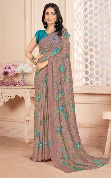 Floral Print, Graphic Print Kalamkari Chiffon, Georgette Saree (Dusky Grey)