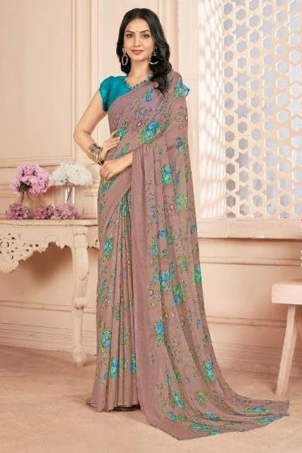 Floral Print, Graphic Print Kalamkari Chiffon, Georgette Saree (Dusky Grey)