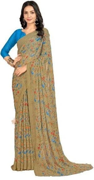 Floral Print, Graphic Print Kalamkari Chiffon, Georgette Saree (Brown)