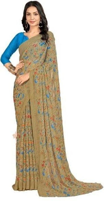 Floral Print, Graphic Print Kalamkari Chiffon, Georgette Saree (Brown)