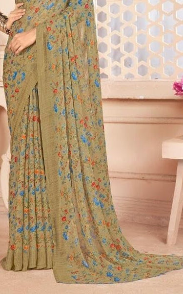 Floral Print, Graphic Print Kalamkari Chiffon, Georgette Saree (Brown)