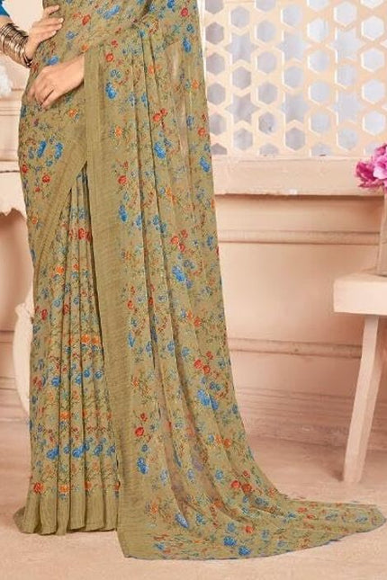 Floral Print, Graphic Print Kalamkari Chiffon, Georgette Saree (Brown)