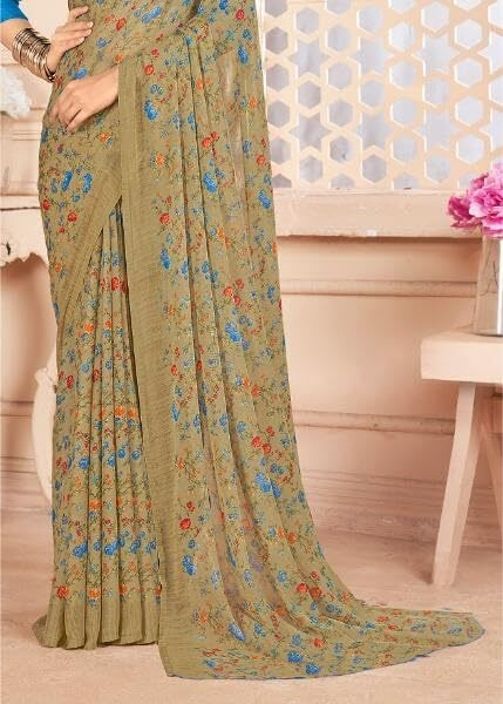 Floral Printed Chiffon Georgette Saree (Brown)